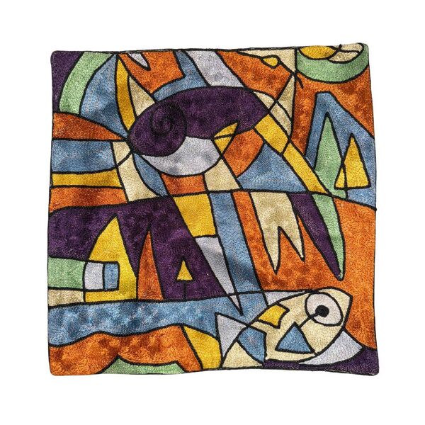 Housse de coussin brodée main en soie, motif géométrique abstrait