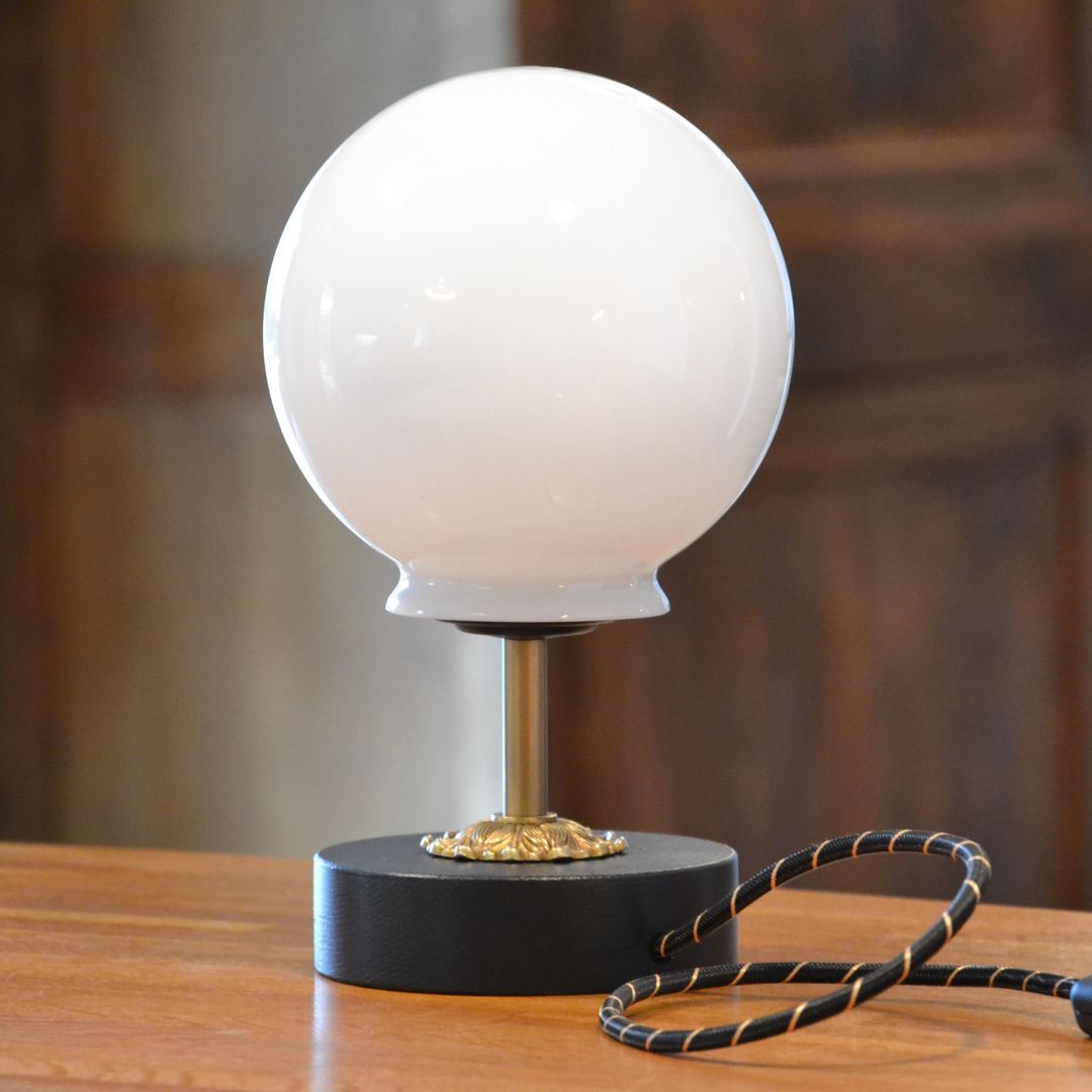 White vintage globe table lamp, black and gold finishes
