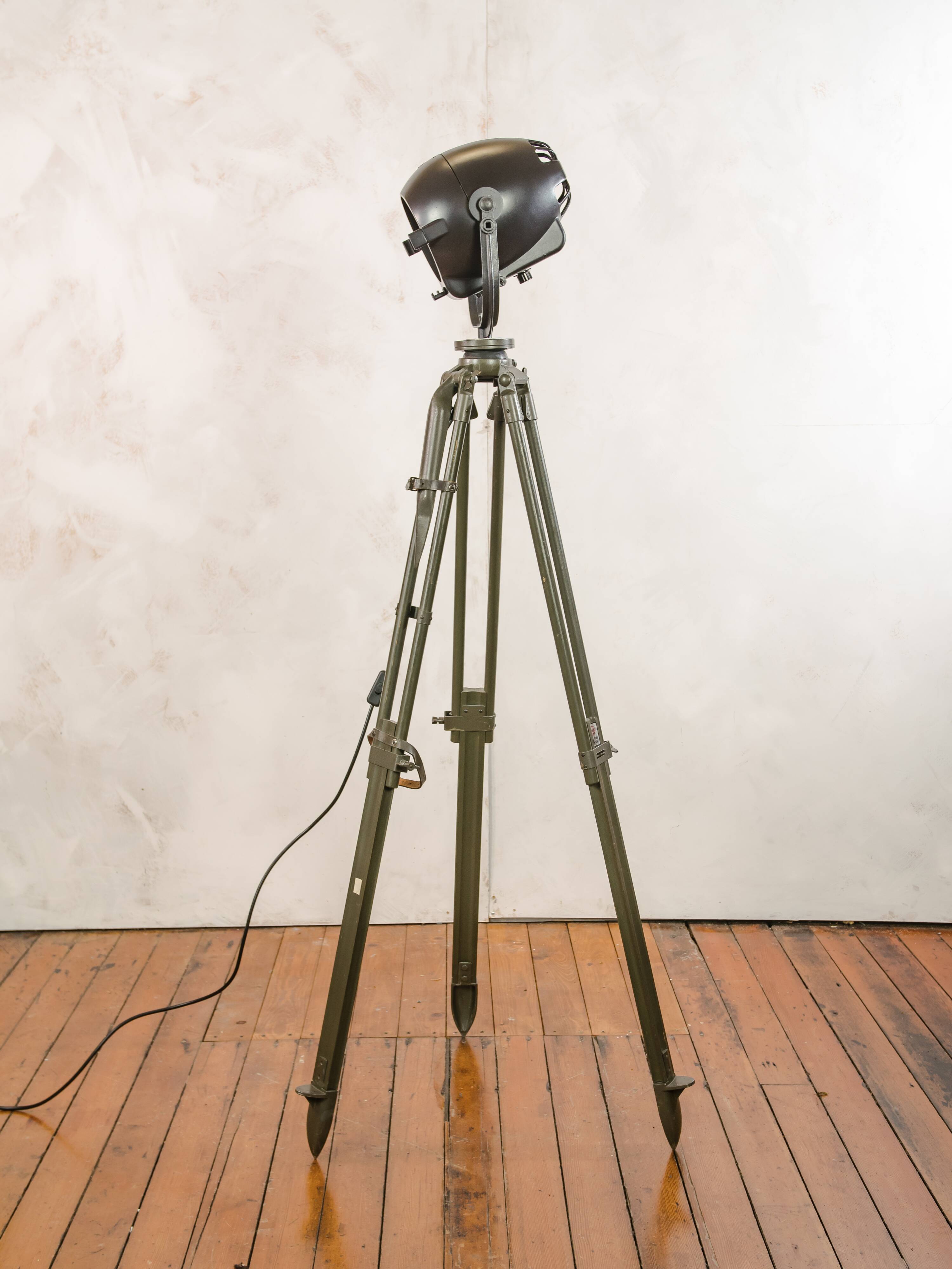 Vintage 1950s Strand Electric Patt 123 Theatre lamp on an old Wooden Army Surveyors Tripod