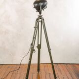 Vintage 1950s Strand Electric Patt 123 Theatre lamp on an old Wooden Army Surveyors Tripod