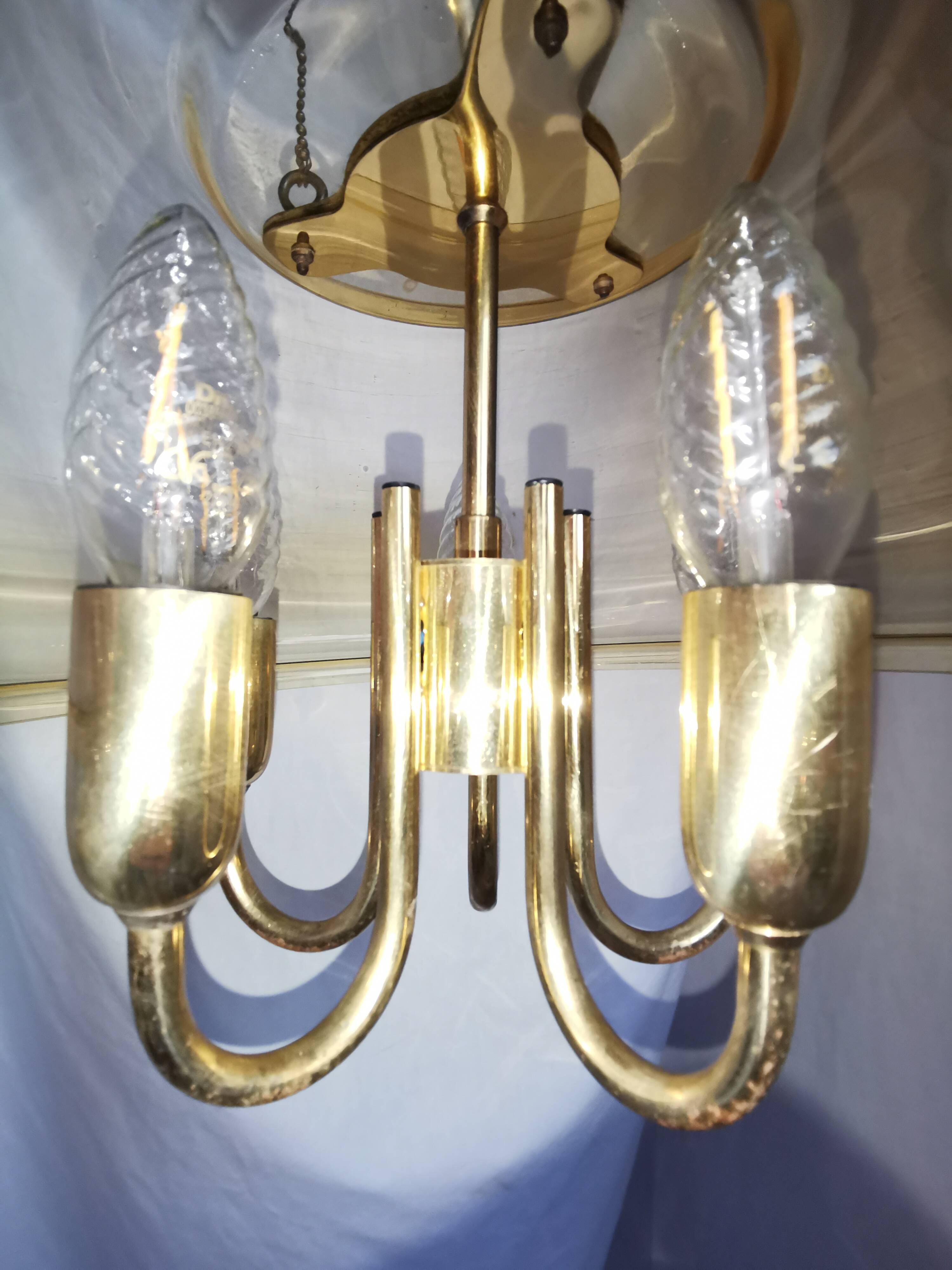 Large chandelier in brass and smoked glass, six branches, space age, baroque, Italy, 1970.