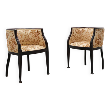 Pair of Ebonised Tub Armchairs with Floral Upholstery, France, Circa 1900