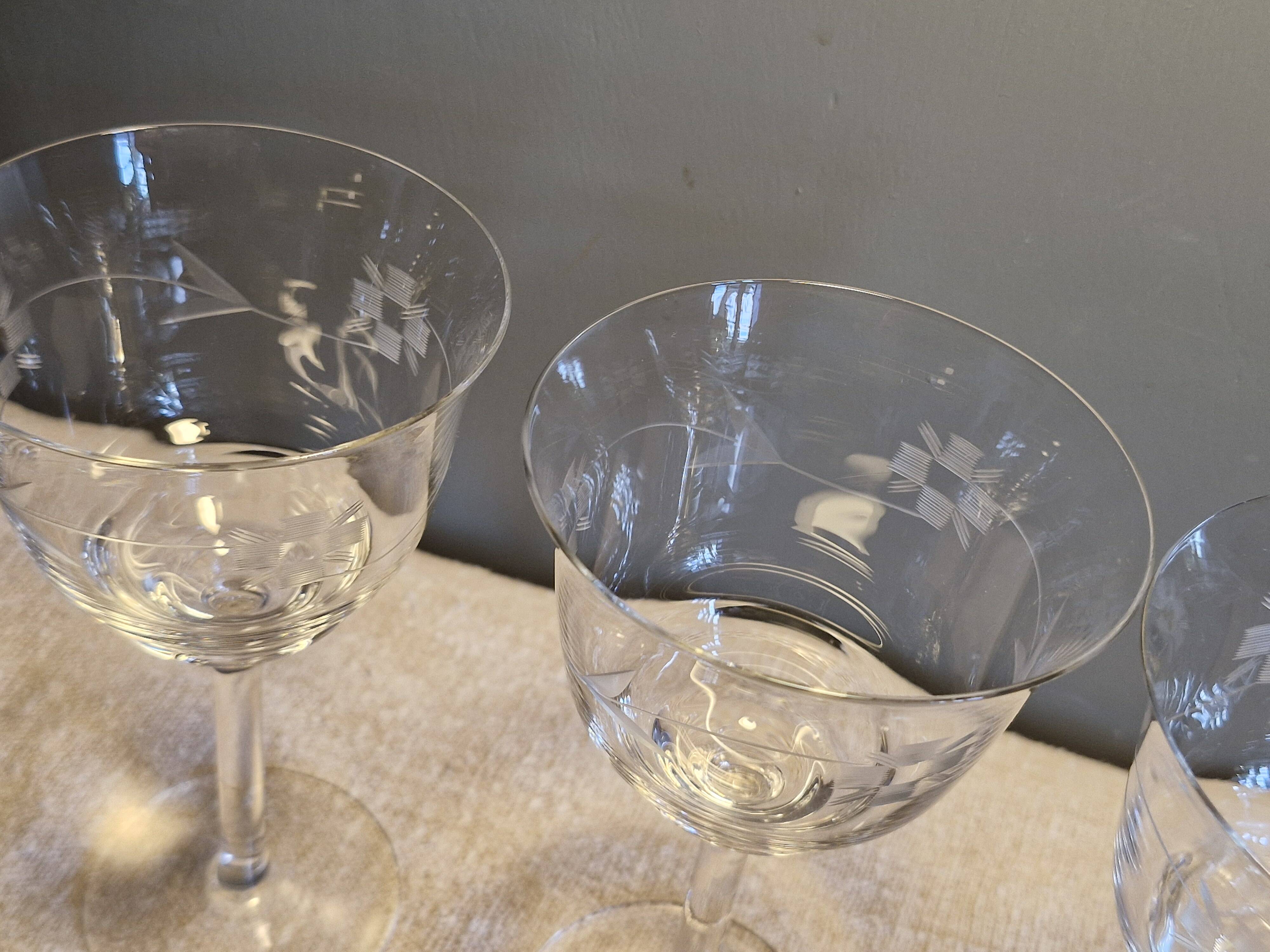 4 antique water glasses, engraved and cut crystal - 1940s