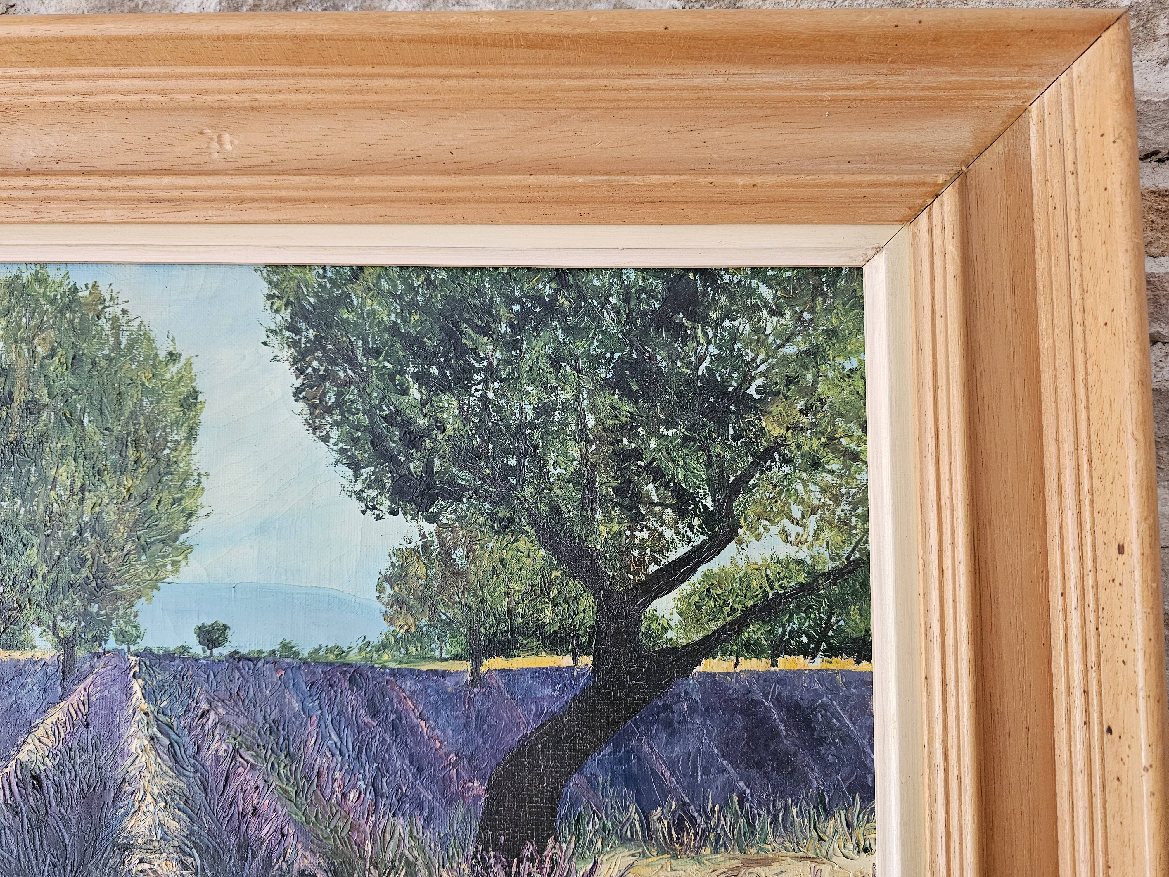 Oil on Canvas Landscape Almond Trees and Lavenders signed Jean Claude Fer