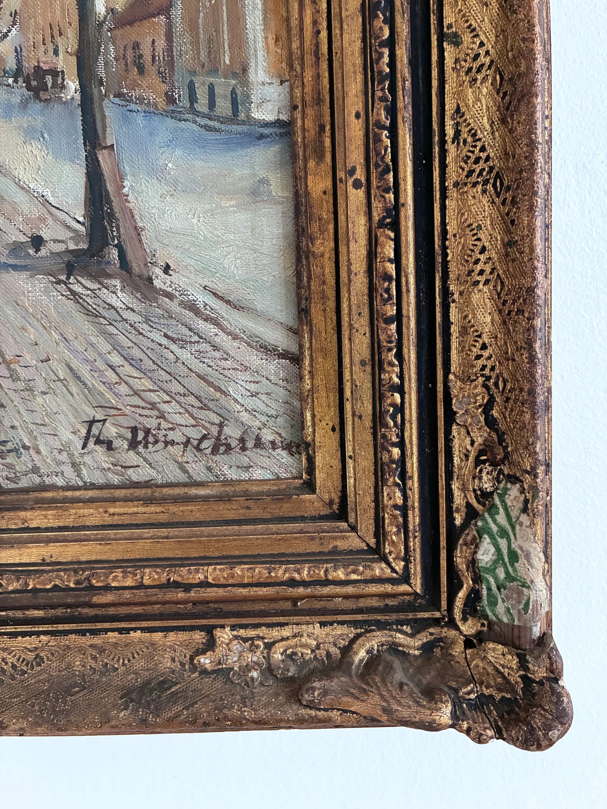 Vintage original Scandinavian harbor oil painting