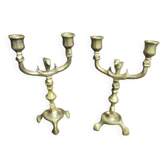 pair of tripod candlesticks with bronze birds