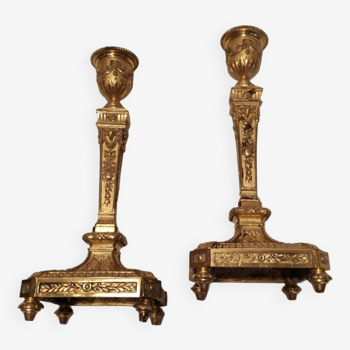 Pair of Louis XVI style gilded bronze candlesticks, circa 1860-1870.