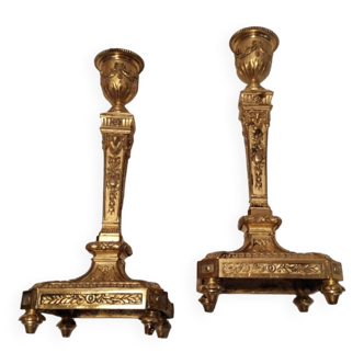 Pair of Louis XVI style gilded bronze candlesticks, circa 1860-1870.