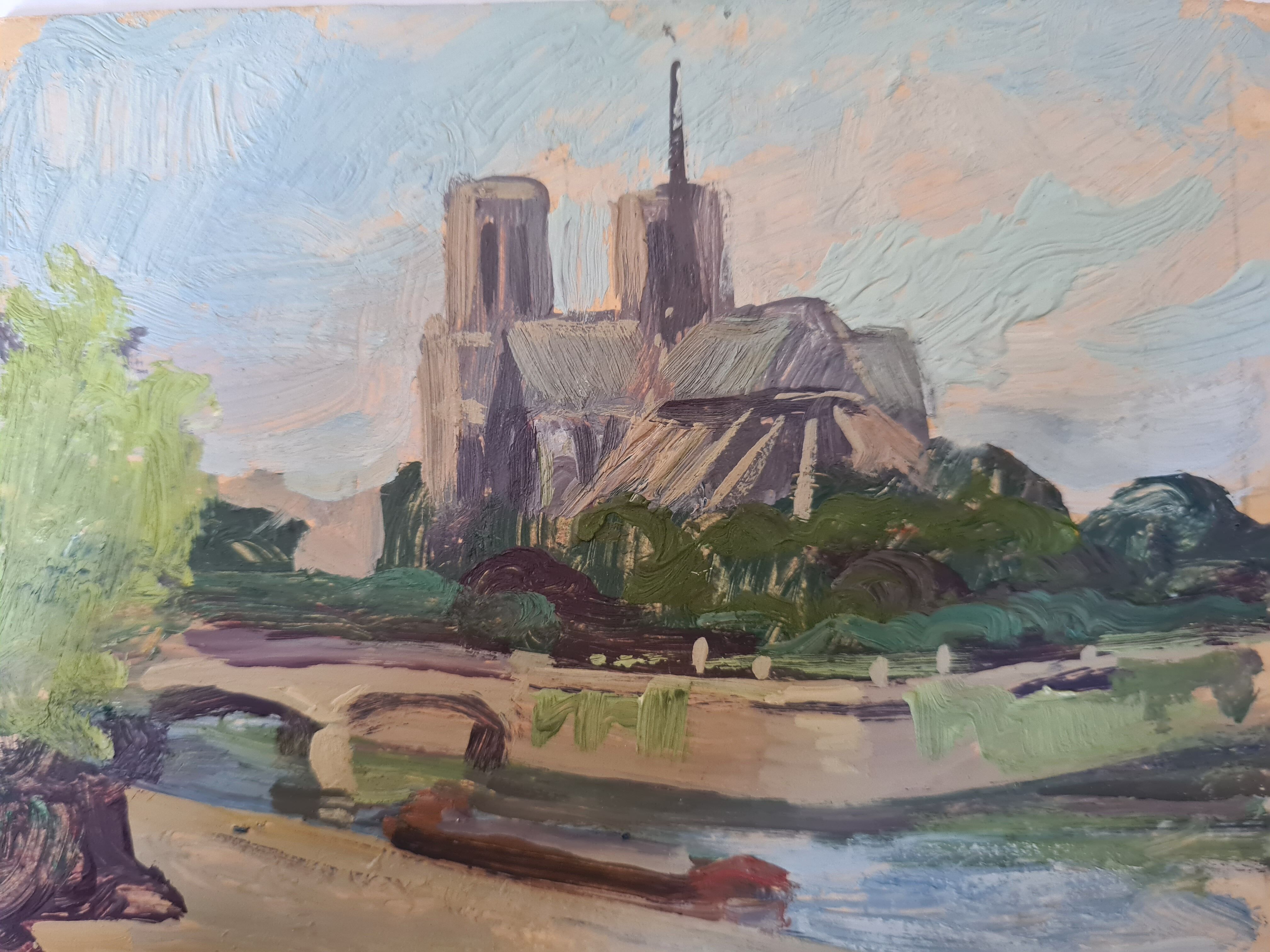 Pair of oils by B. Sarraillon Notre Dame de Paris