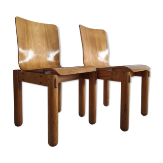 Pair of modernist plywood and solid wood chairs - 70s