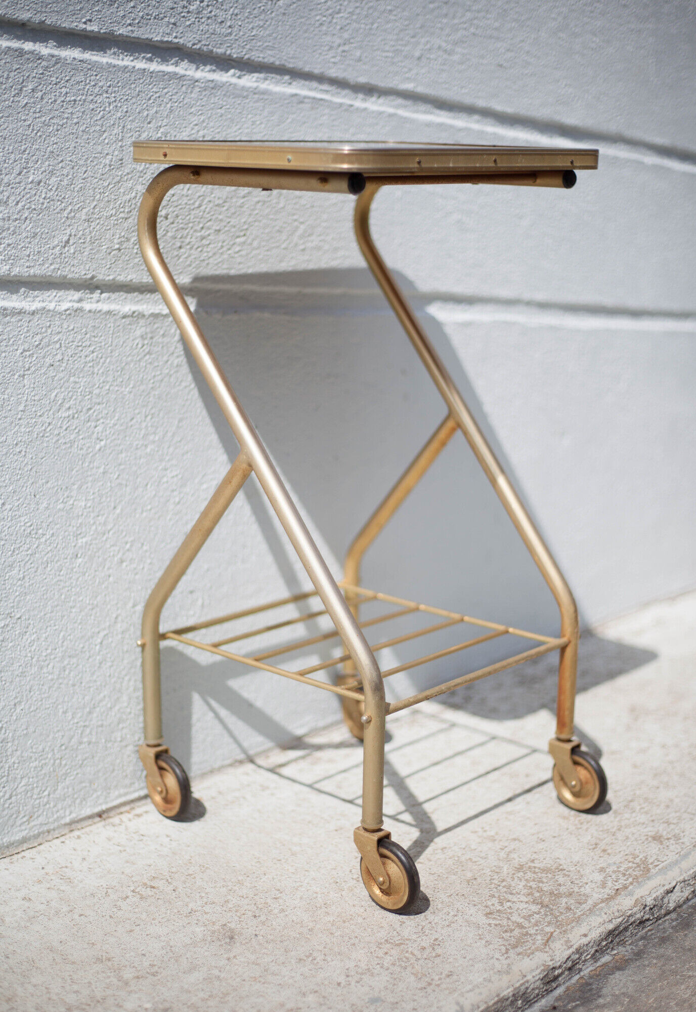 Metal wheeled tray with formica top, vintage wheeled cabinet, vintage side table