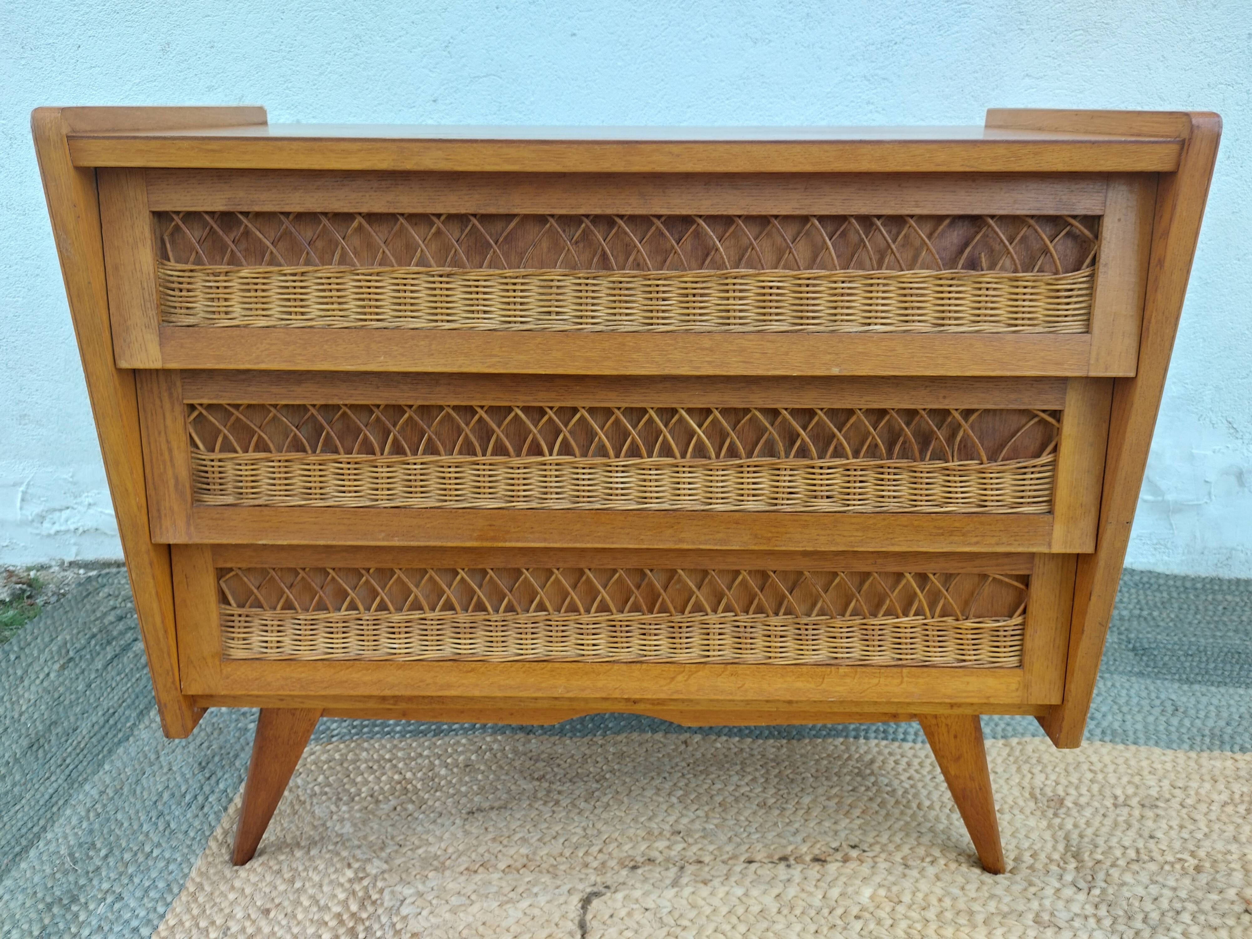 commode pieds compas, osier, vintage