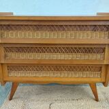 commode pieds compas, osier, vintage