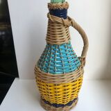 Scoubidou and wicker bottle with yellow and blue handle 70s