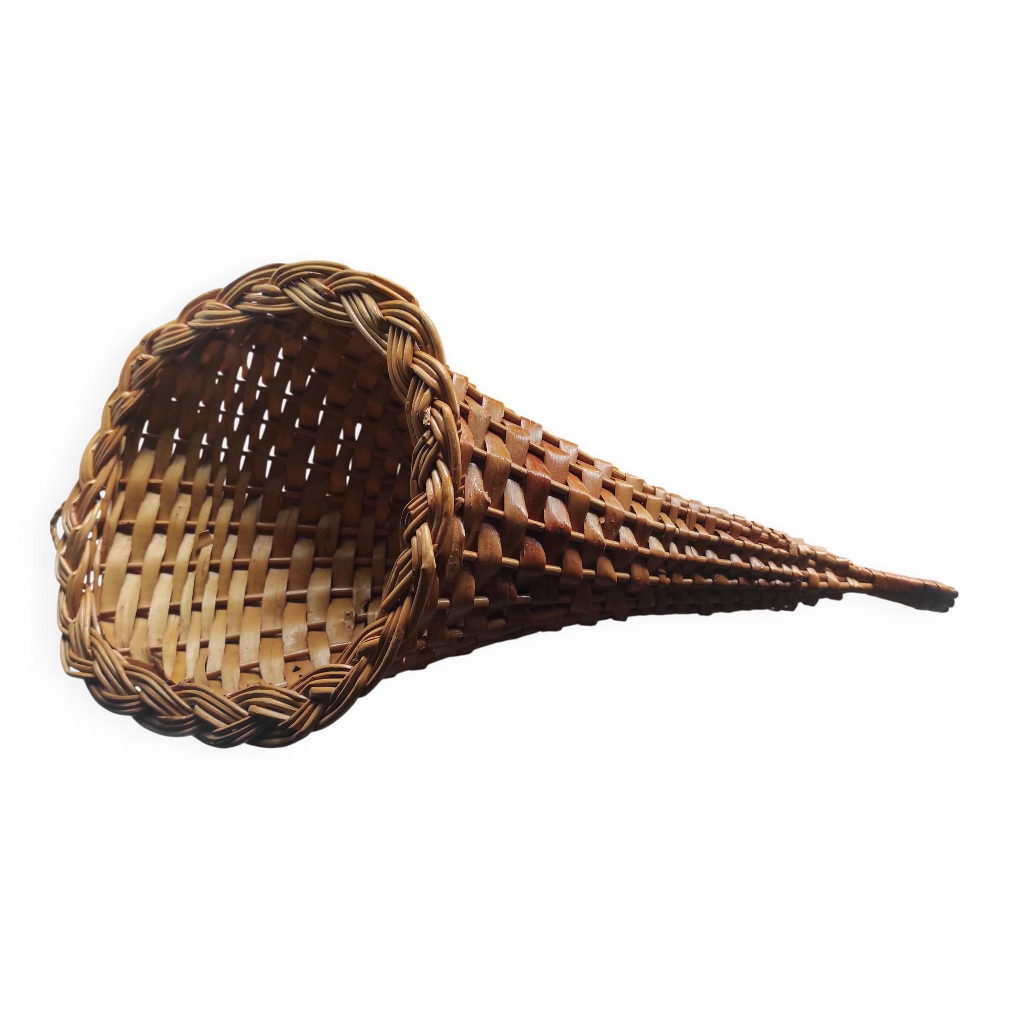 Large vintage woven wicker basket, cornucopia shape, to hang