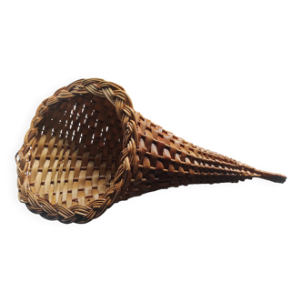 Large vintage woven wicker basket, cornucopia shape, to hang