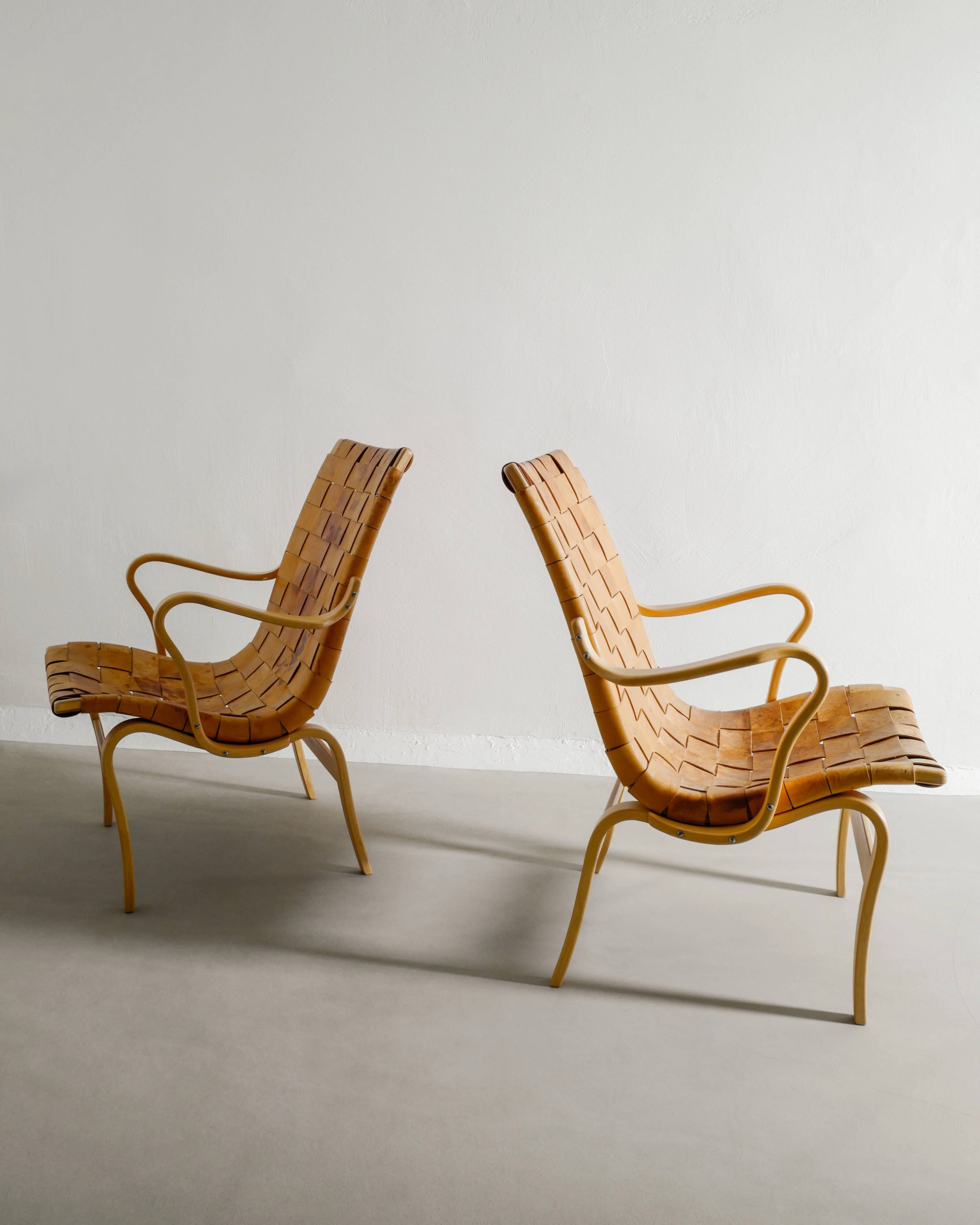 Swedish Mid Century Wooden Leather "Eva" Armchairs Bruno Mathsson, 1970s