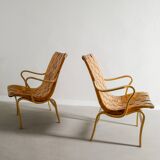 Swedish Mid Century Wooden Leather "Eva" Armchairs Bruno Mathsson, 1970s