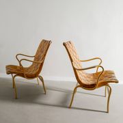 Swedish Mid Century Wooden Leather "Eva" Armchairs Bruno Mathsson, 1970s