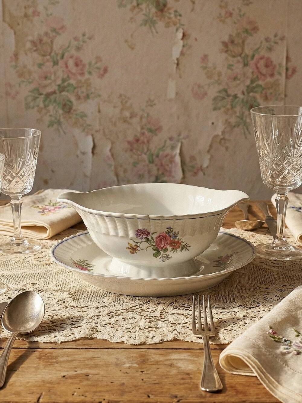 Bernardaud sauceboat Limoges porcelain with floral decoration from the 1920s to 1950s.