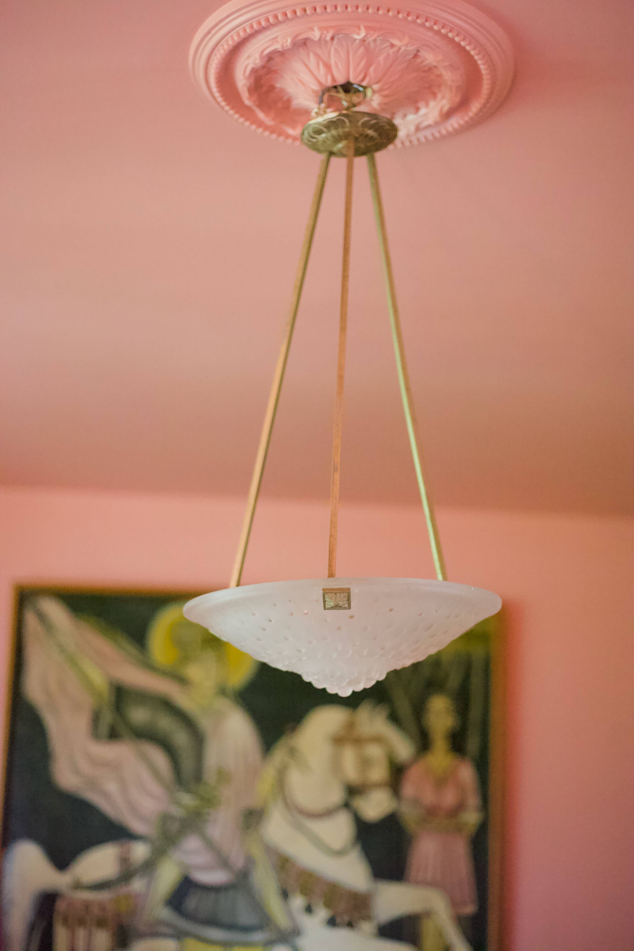 Chandelier signed Muller Frères Lunéville, Art Deco suspension, nickel-plated bronze chandelier, ceiling lamp,