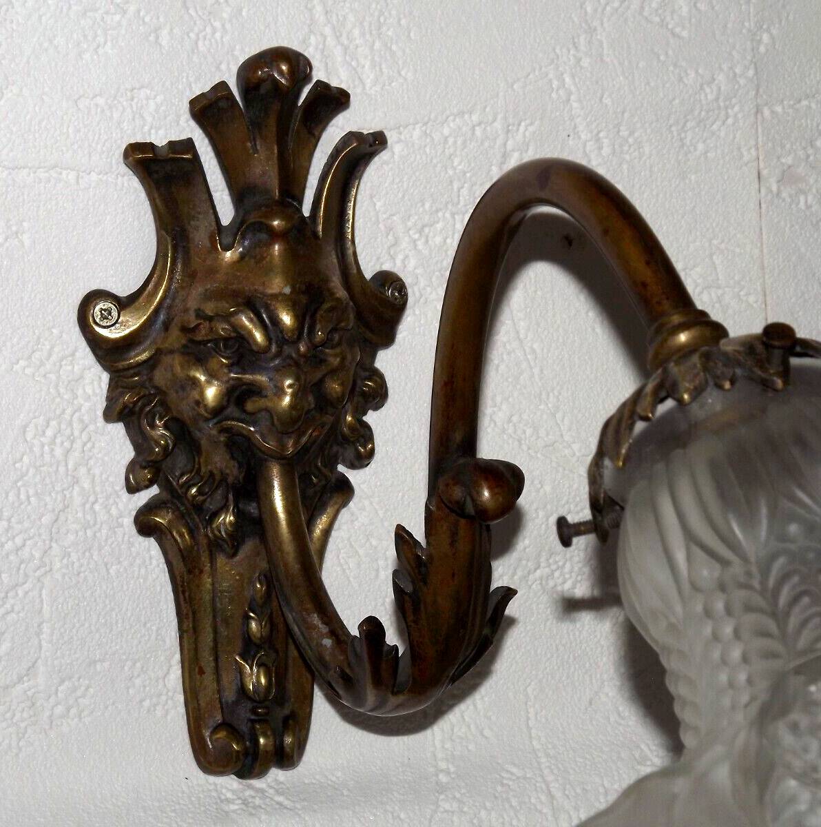 Pair French Antique Brass Greenman Single Wall Lights White Frilled Shade 4572
