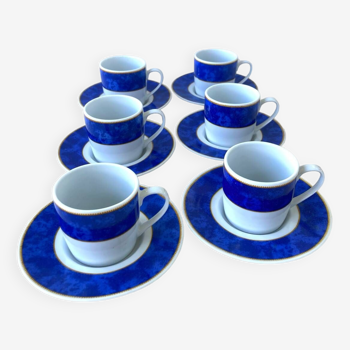 6 Genevieve Lethu blue and white coffee cups and saucers