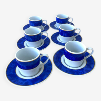 6 Tasses et sous-tasses à café  Genevieve Lethu bleu et blanc