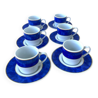 6 Genevieve Lethu Blue and White Coffee Cups and Saucers