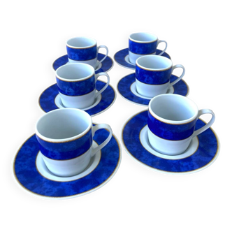 6 Tasses et sous-tasses à café  Genevieve Lethu bleu et blanc
