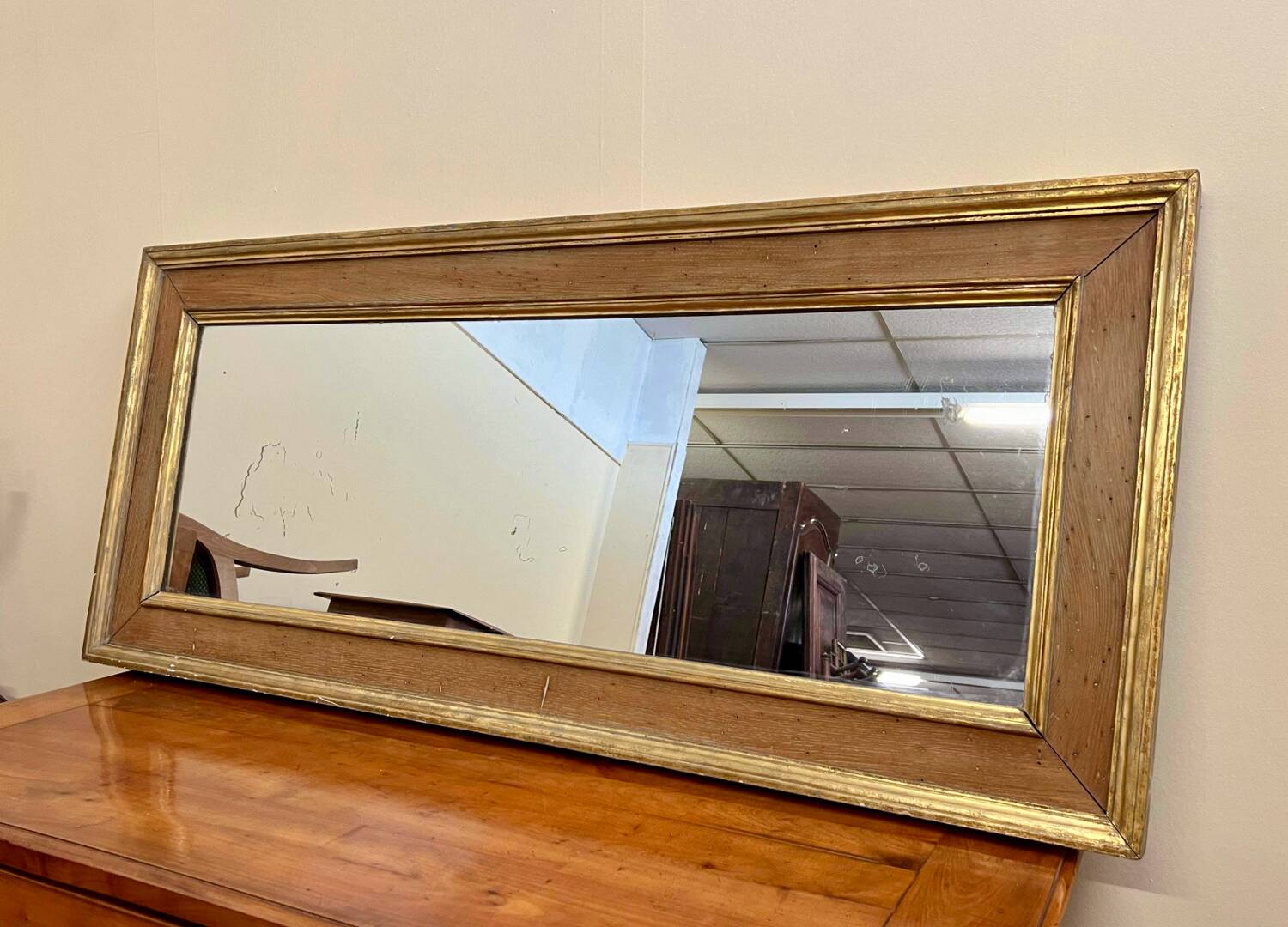 Rectangular mirror in natural wood and gilded wood