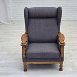 1970s, highback Danish armchair with footstool, furniture wool fabric, oak.