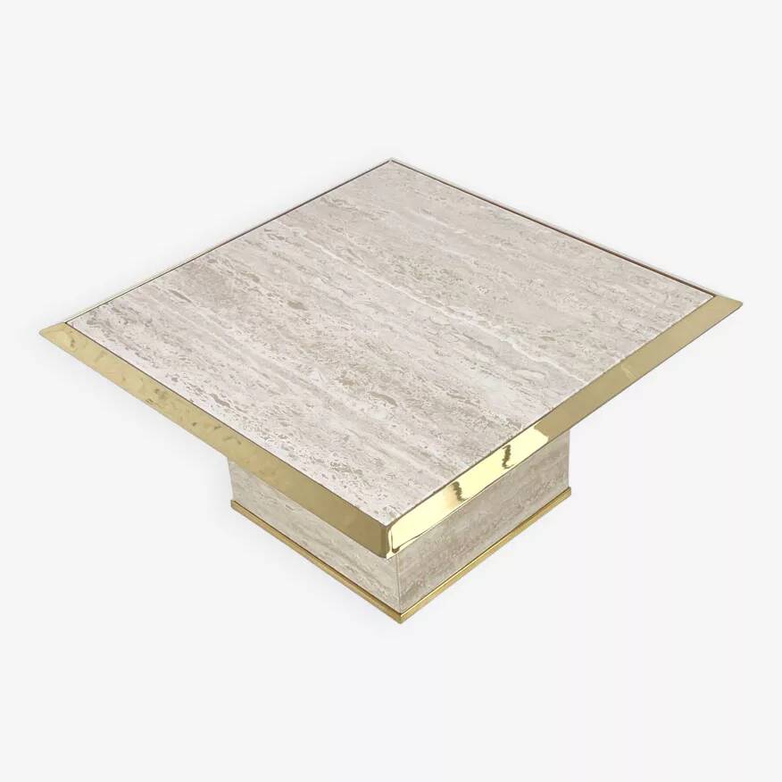 1970s square coffee table in travertine and brass