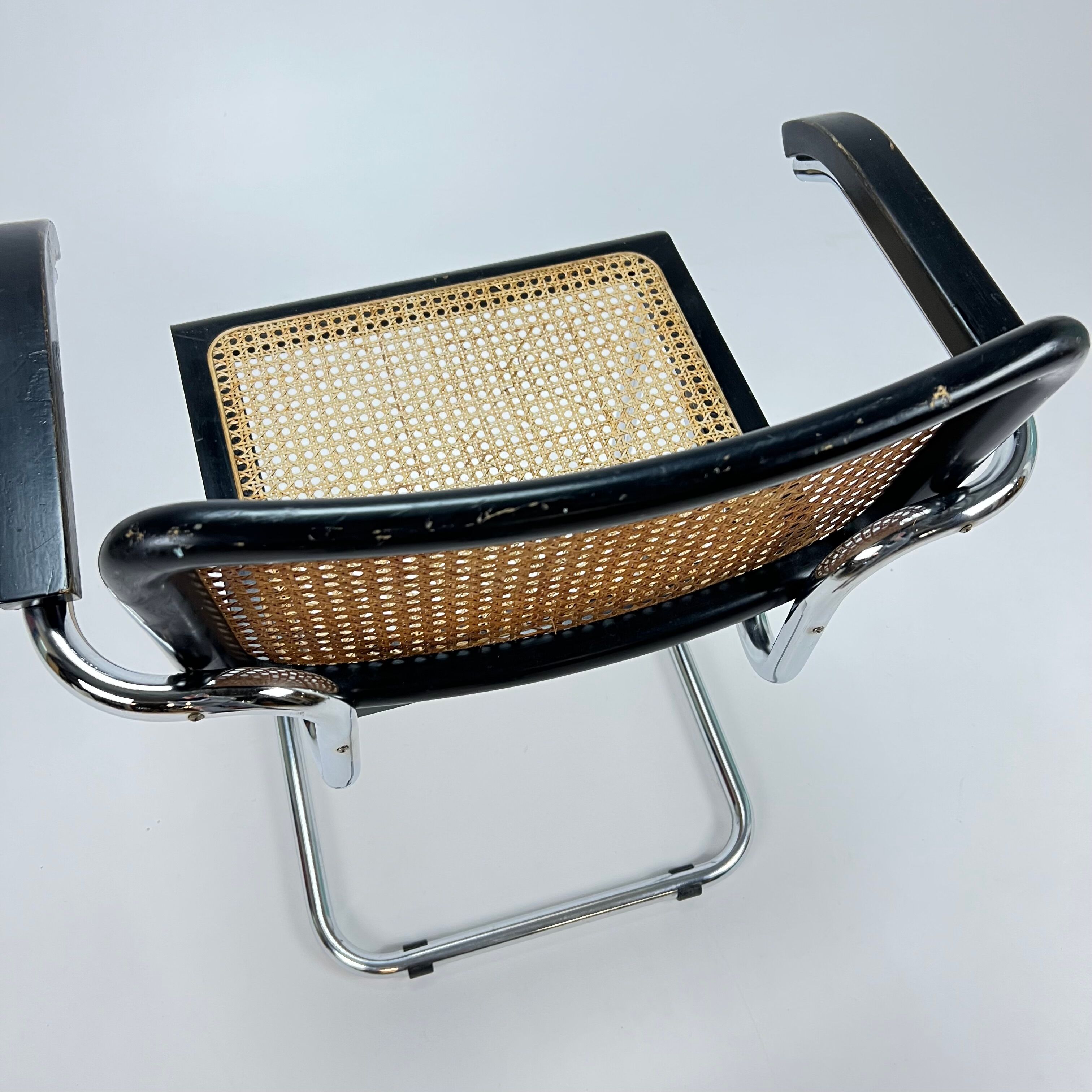 Tubular frame and cane cantilever arm chairs by Marcel Breuer, italy, 1970s