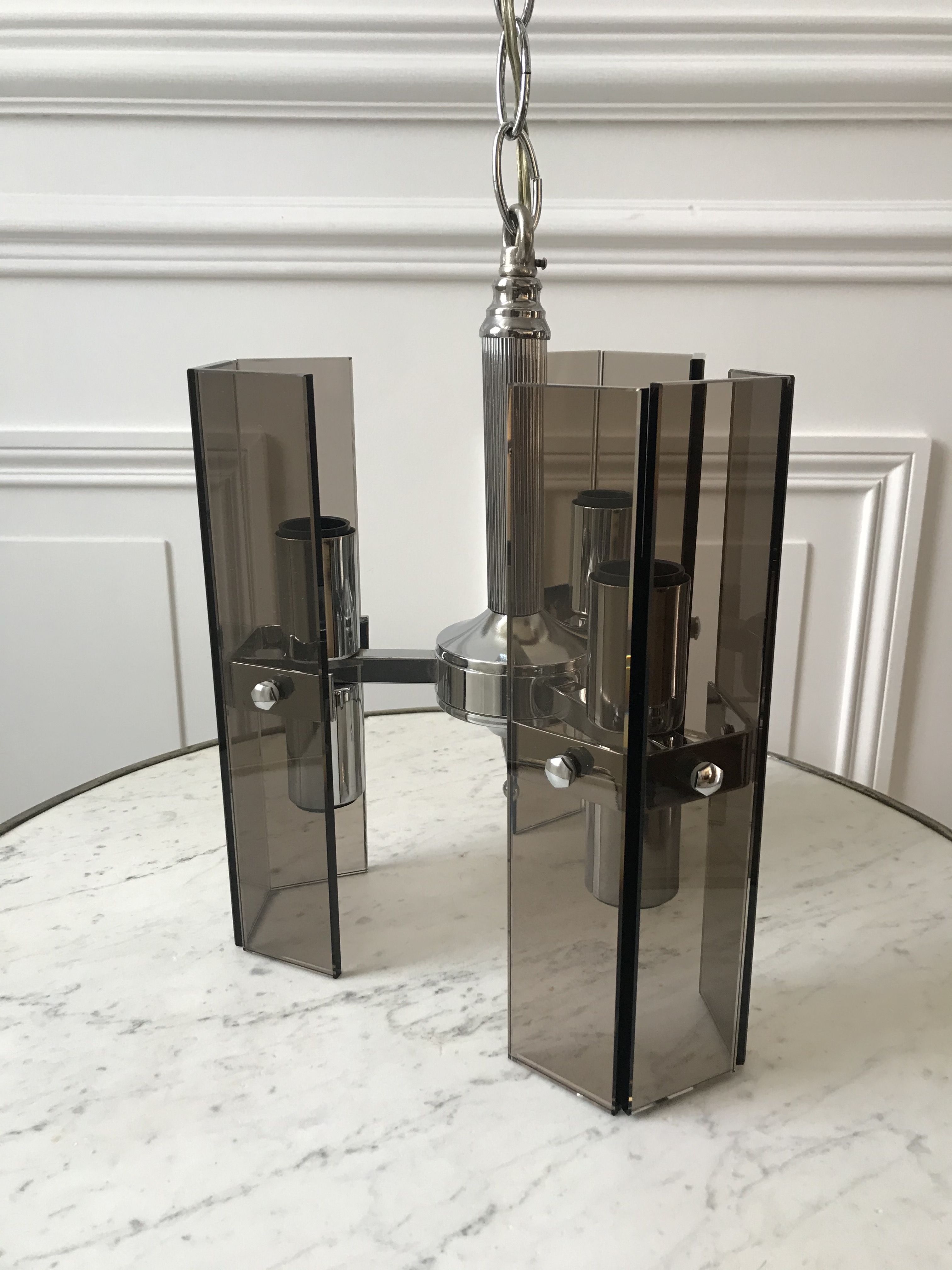 Chrome metal pendant lamp and smoked glass futuristic style 70s