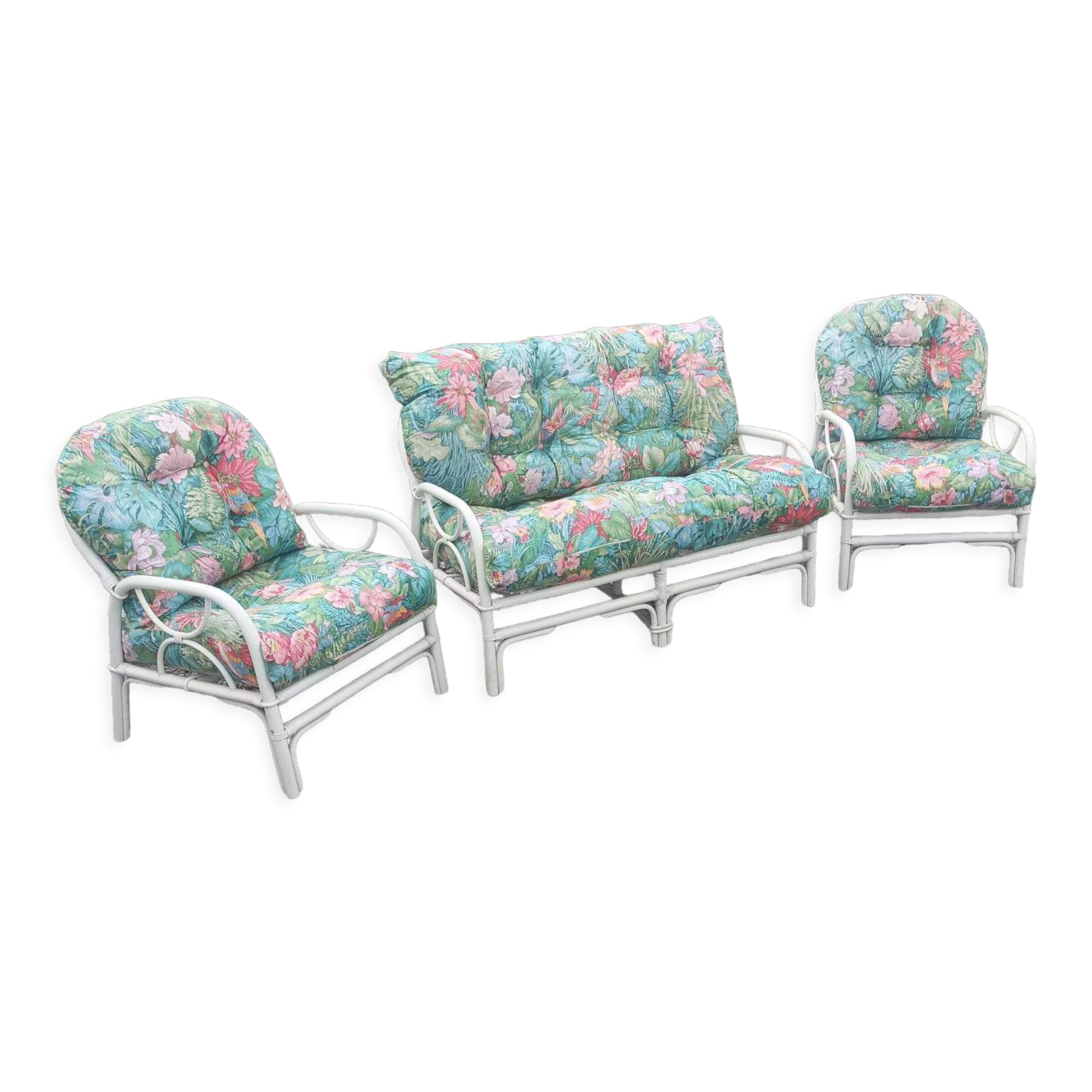 3 fauteuils blanc bambou osier avec coussins vintage