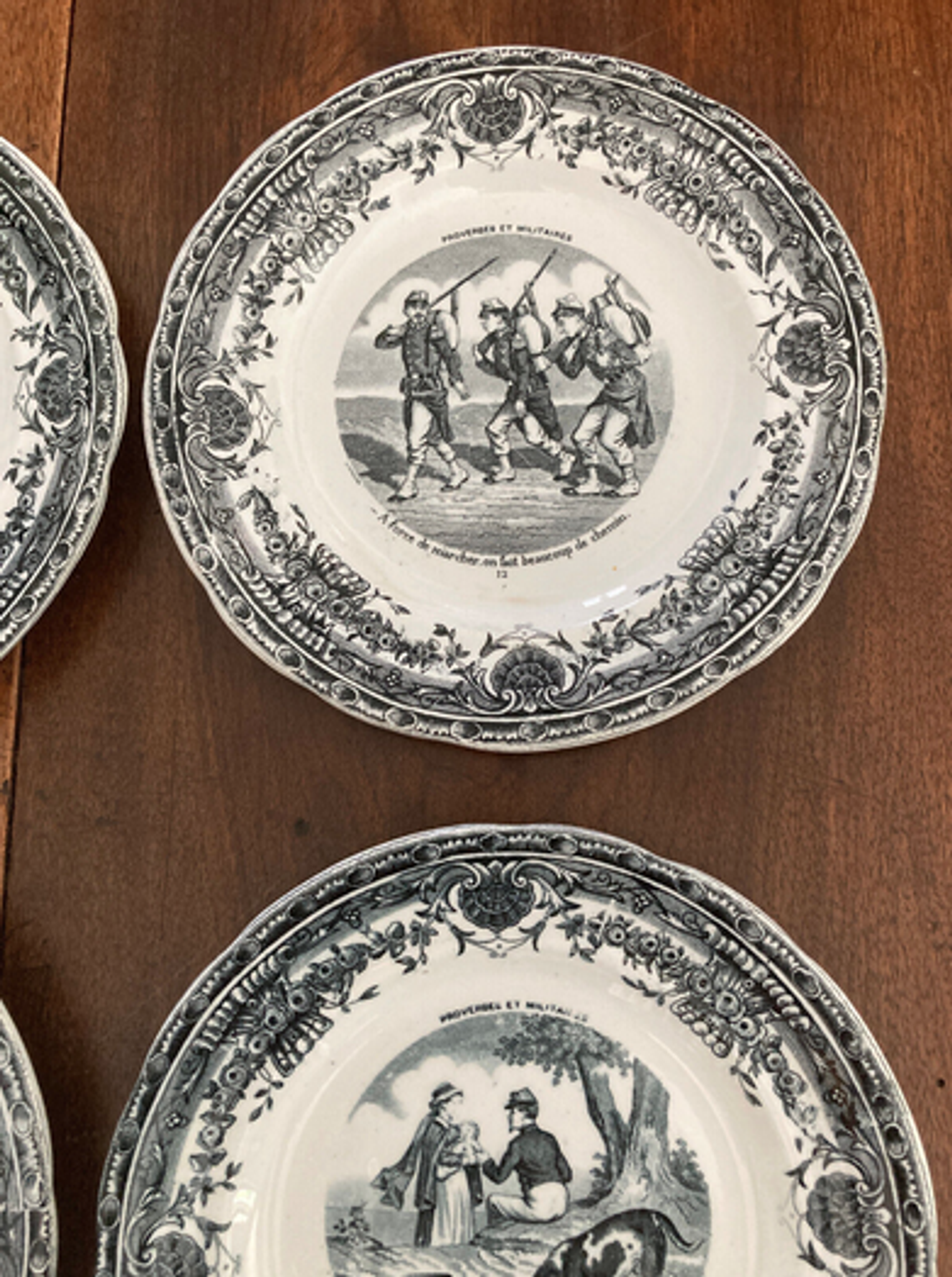 Servide 6 old dessert plates - proverbs and military - porcelain of gien