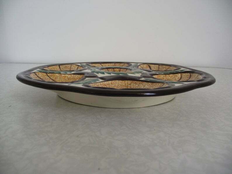French Vintage Oyster Plate" St jean de Bretagne Faience Hand painted 1960s