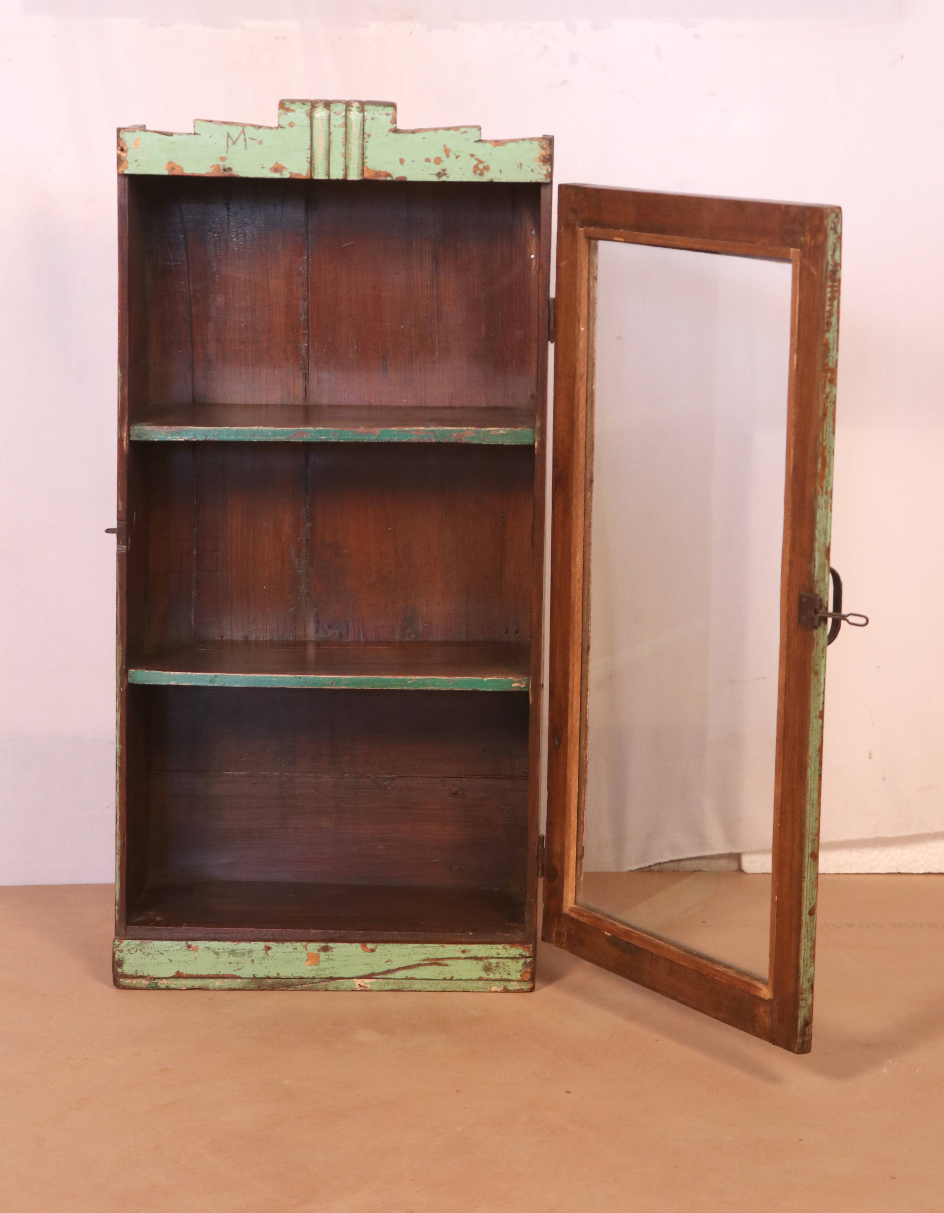 old Art Deco wall display case in original green teak