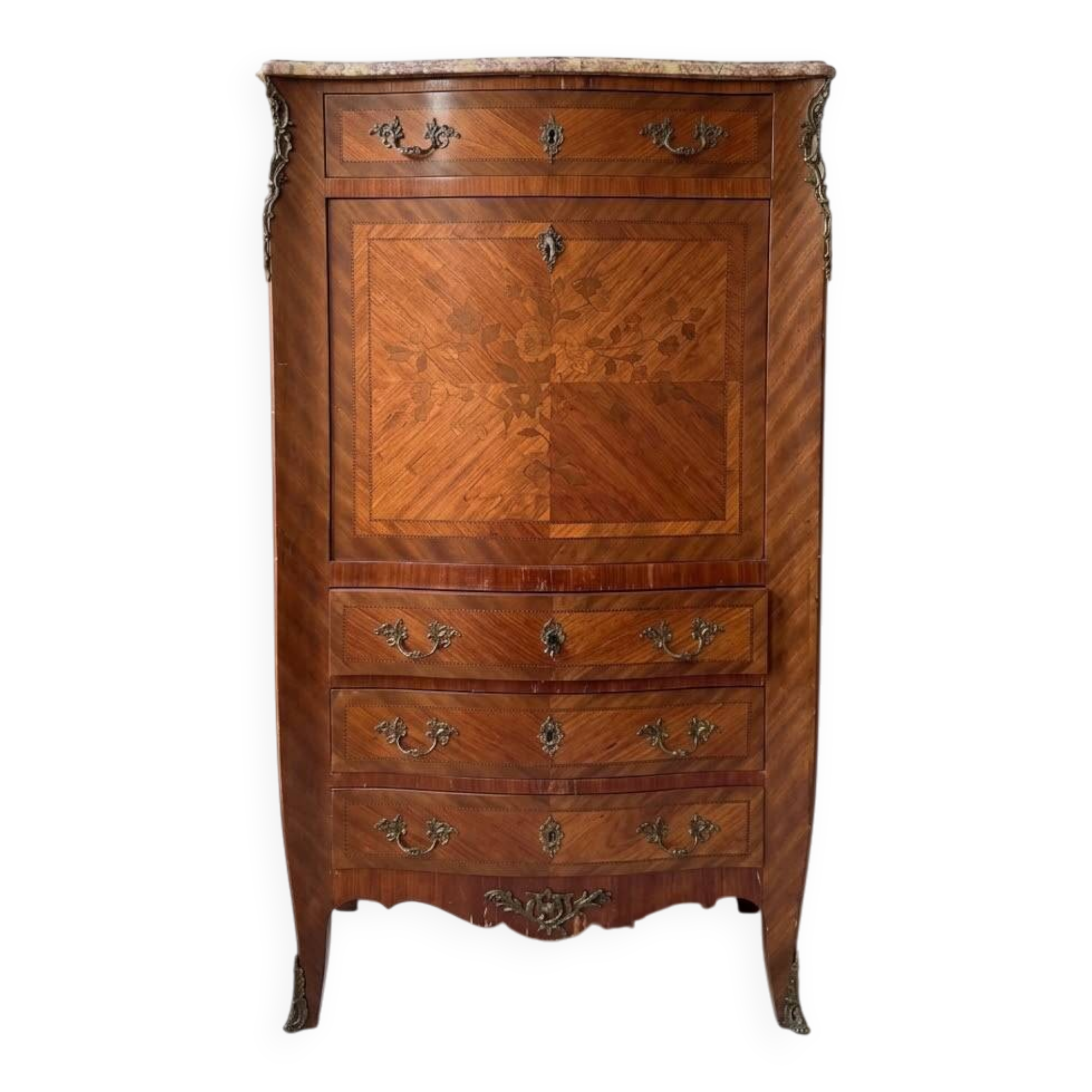 Louis XV secretary in marquetry wood and marble