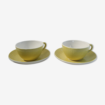 Lot 2 tea cups and yellow vintage saucer - Digoin Sarreguemines