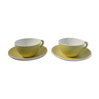 Lot 2 tea cups and yellow vintage saucer - Digoin Sarreguemines