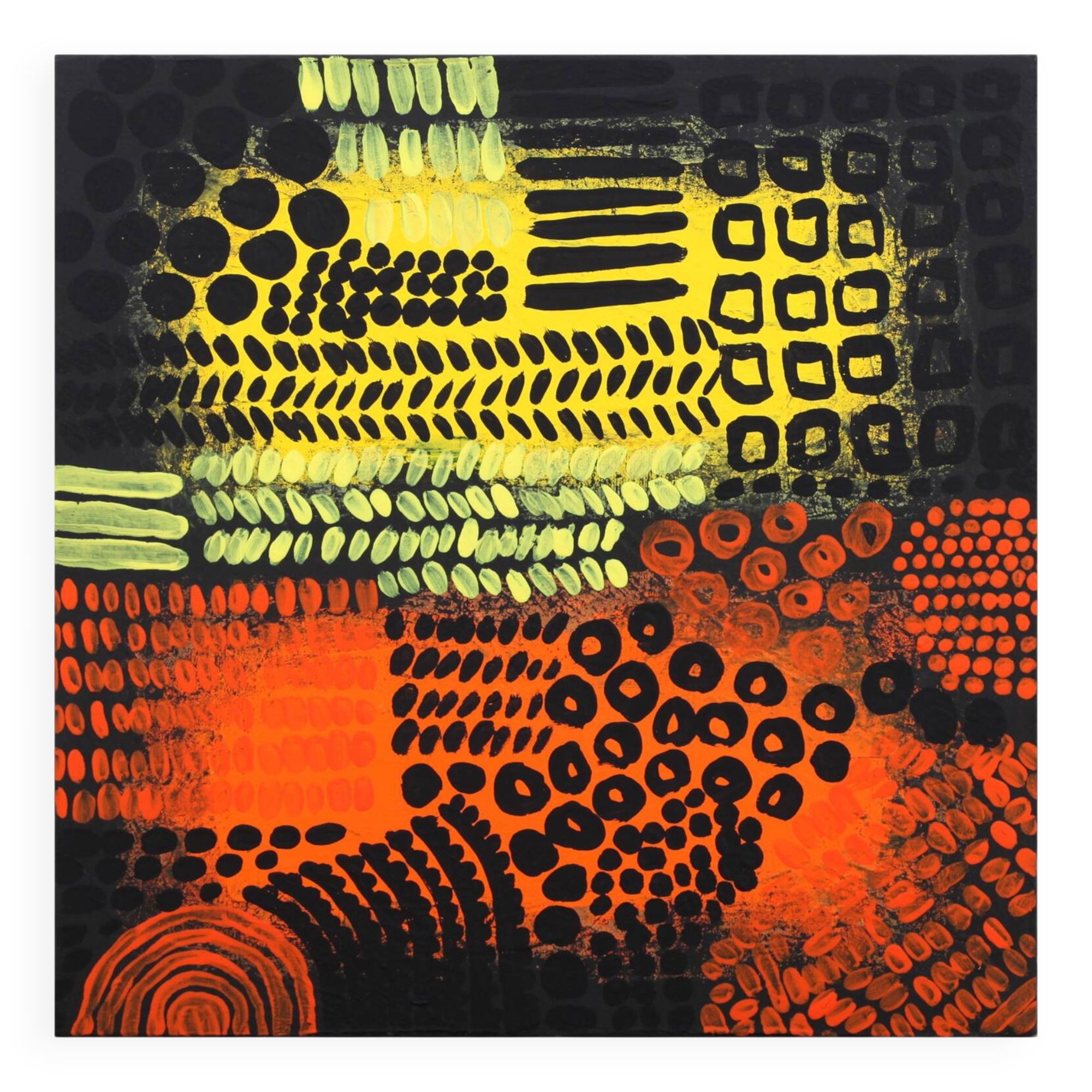 Orange, black and yellow abstract acrylic painting on stretched canvas
