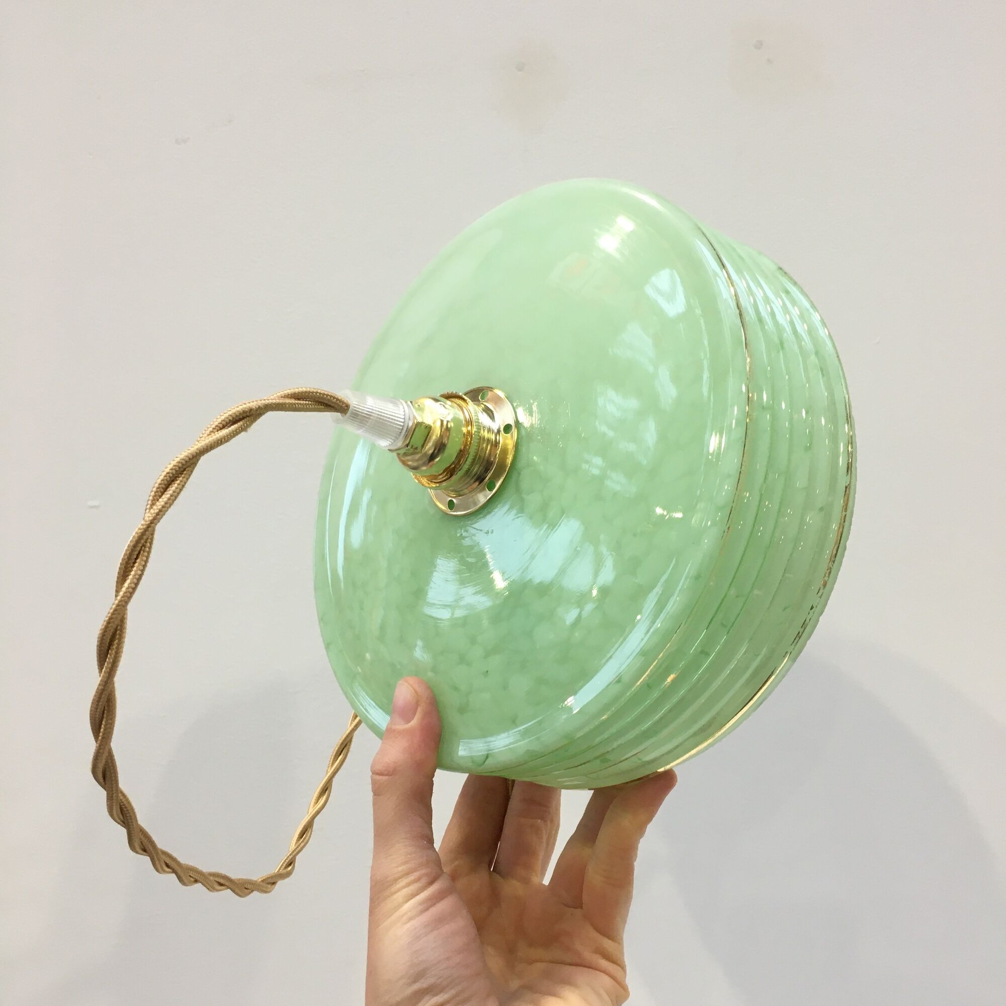 Pair of Art Deco pendant lamps in green Clichy glass