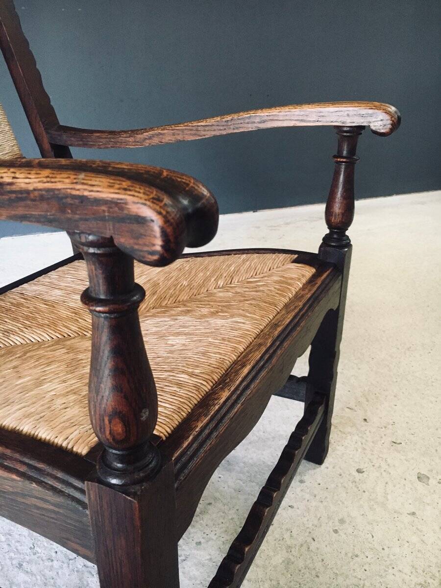 Low Arts & Crafts Oak & Rush Armchair, Belgium 1920s