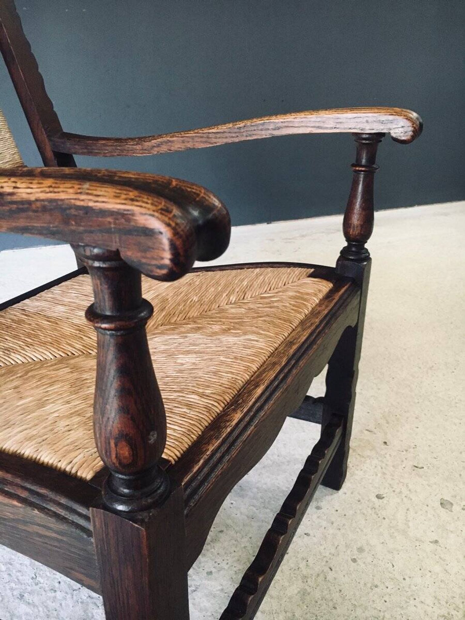 Low Arts & Crafts Oak & Rush Armchair, Belgium 1920s