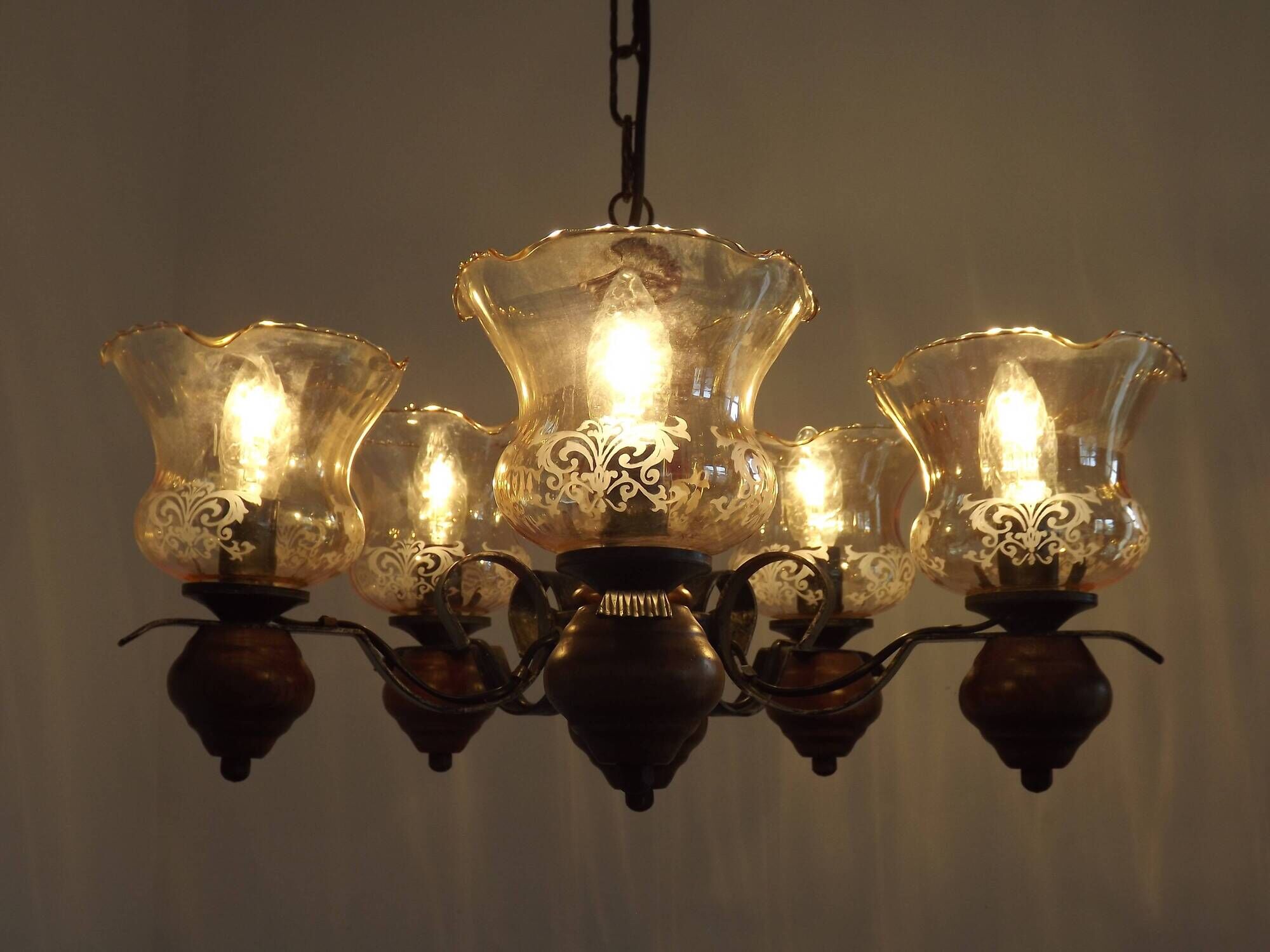 French 5 Light Mid Century Chandelier Wood Metal & Patterned Glass Shades