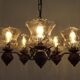 French 5 Light Mid Century Chandelier Wood Metal & Patterned Glass Shades