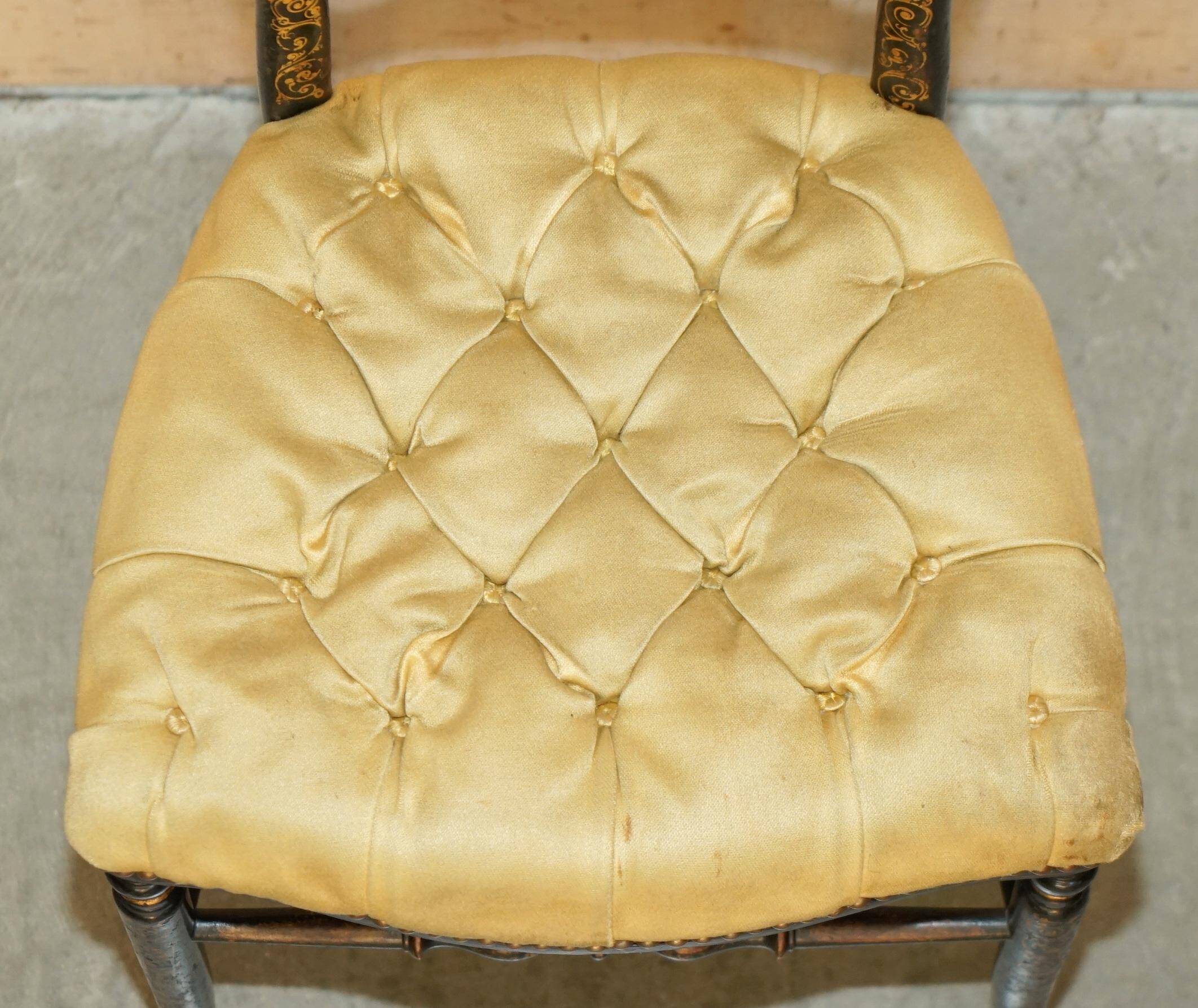 Regency Antique 1815 Occasional Chair in Ebonised Wood, Mother of Pearl, Silk and Chesterfield Upholstered Seat