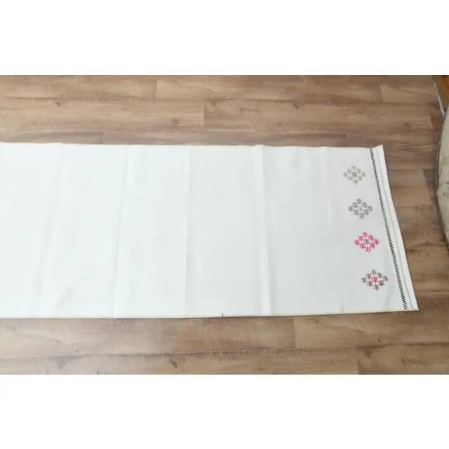 1970s Vintage Turkish Handmade Wool Cotton Beige Kilim Runner Rug 66x207